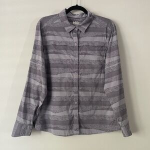 REI Co-op Womens Striped Long Sleeve Button Up Shirt Purple Sz L Outdoor Hiking